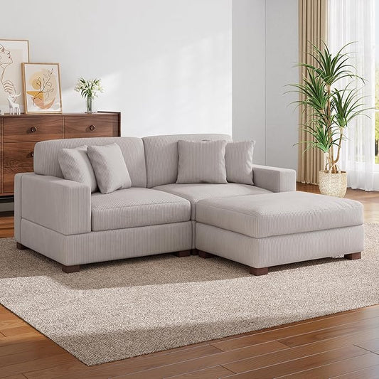Modular Sectional Couches for Living Room, Modern Loveseat 2-Seater Sofa Couch with Ottoman, Upholstered Couches for Living Room Bedroom, Beige