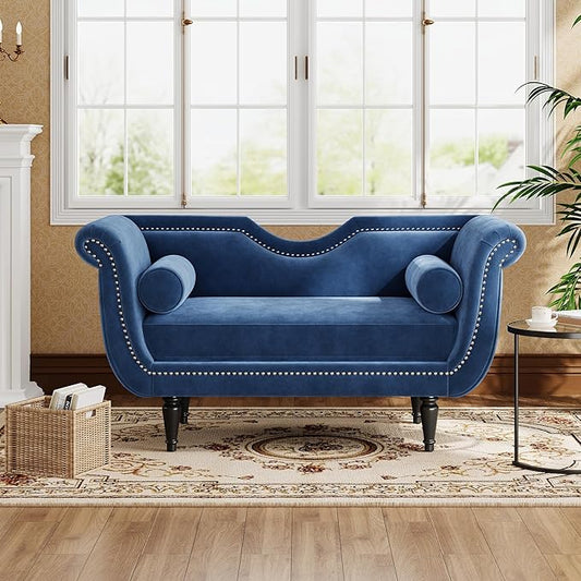 Christopher Knight Home Aurora Velvet Chaise Lounge Indoor with 2 Bolster Pillows, Upholstery Entryway Bench with Nailhead Trim & Curved Arms, End of Bed Bench Ottoman and Wooden Legs, Dark Blue