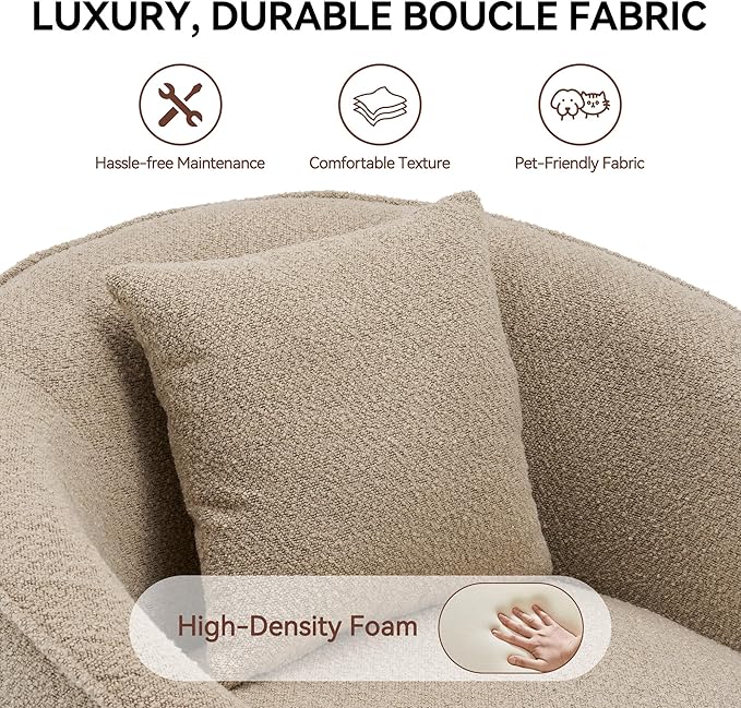 Swivel Accent Chair Set, Modern Upholstered Boucle Barrel Arm Chairs with Pillow for Living Room, 360 Degree Round Swivel Sherpa Armchair with Round Base for Bedroom Club (2, Light Brown)