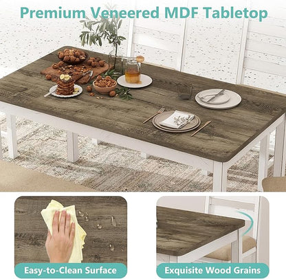 Farmhouse Dining Table Set for 6 Person, 59" Kitchen Table Set with 6 Upholstered Chairs, White Rectangular Dinner Room Table & Chairs Set Rustic Wood Stable (6 Chairs)
