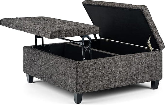 SIMPLIHOME Harrison 36 inch Wide Transitional Square Coffee Table Storage Ottoman in Ebony Tweed Look Fabric, Assembled, For the Living Room and Bedroom