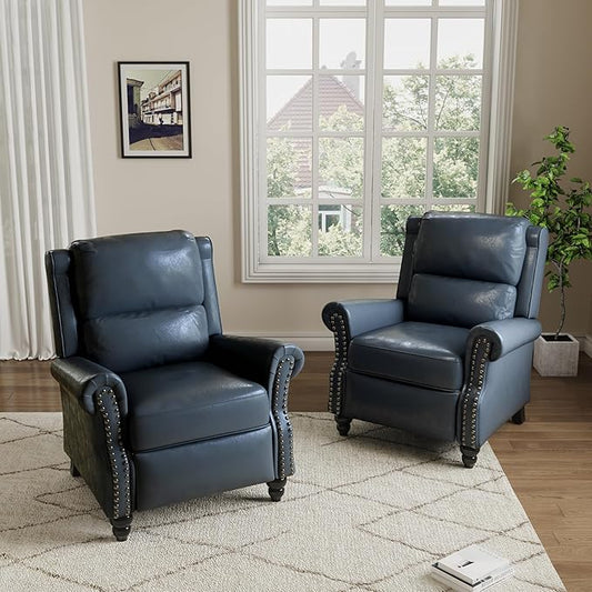 Pushback Recliner Chairs Set of 2, Faux Leather Wingback Recliner Chair, Upholstered Armchair Push Back Recliner with Wood Legs, Rivet Trim Single Sofa Accent Chair for Living Room, Bedroom, Navy