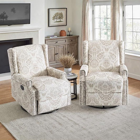 Lumibee Recliner Chairs Set of 2, 360° Swivel Rocker Recliner Chair with Footrest High Back, Comfy Upholstered Glider Rocking Chair for Living Room Bedroom (Beige)