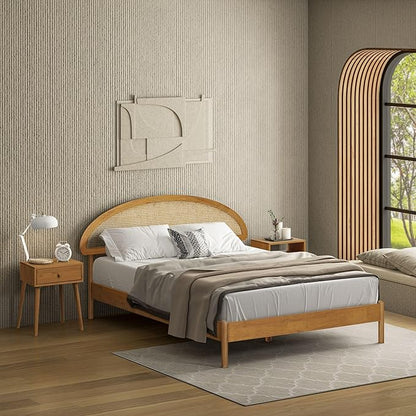 NTC Gem Wooden Bed Frame with Headboard and Natural Rattan, Solid Oak/Rubber Wood Foundation with Silent Slats, 1000 Lb Capacity, Effortless Assembly (Natural Cane - Rustic Oak, Queen)