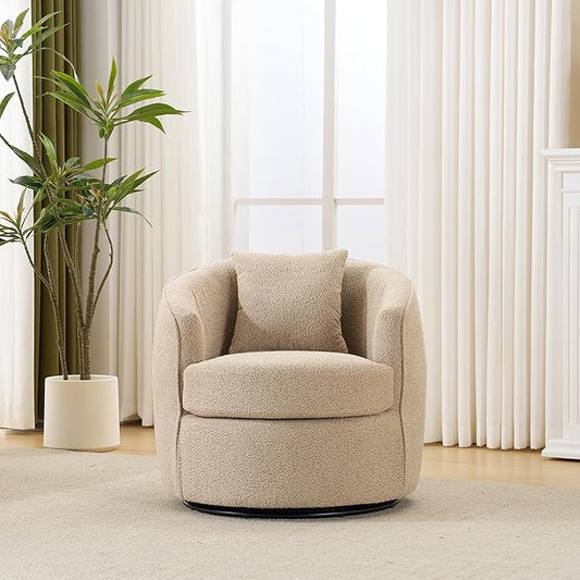 Swivel Accent Chair, Modern Upholstered Boucle Barrel Arm Chairs with Pillow for Living Room, 360 Degree Round Swivel Sherpa Armchair with Round Base for Bedroom Club (1, Light Brown)