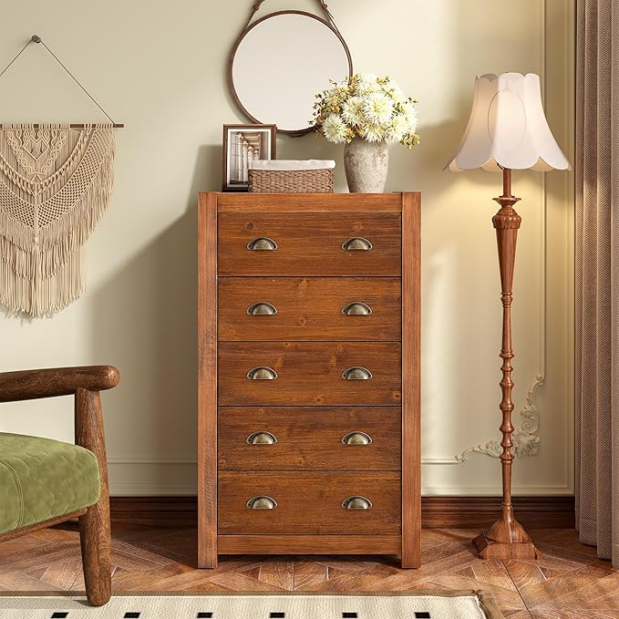 Vintage 5-Drawer Tall Dresser, Solid Wood Frame with Wood Veneer, Rustic Wooden Drawer Cabinet for Bedroom, Living Room, Dark Walnut, Dark Walnut