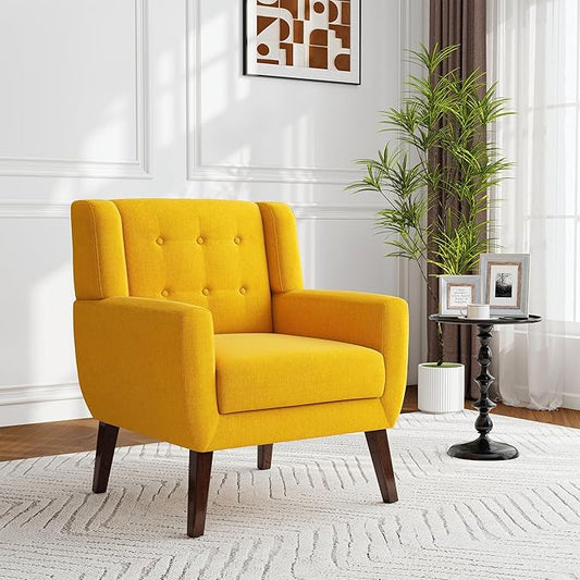 Accent Chair, Modern Fabric Armchair for Living Room, Comfy Upholstered Arm Chair Tufted for Indoor Bedroom Office Room (Yellow)