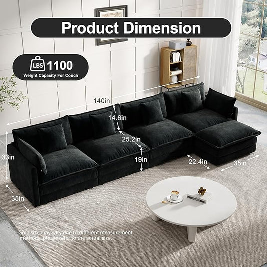 Modular Sectional Sofa, 146.5 Inch L-Shaped Cloud Sofa with Deep Seat Chenille Sofa with Cushions, Four Seater Sectional Sofa for Living Room Apartment,Black