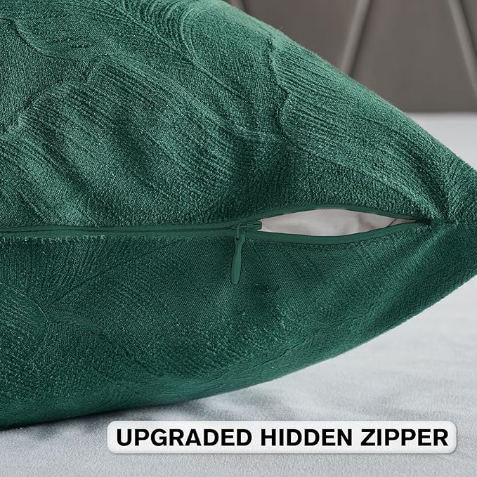 FUTEI Christmas Dark Green Velvet Throw Pillow Covers 18x18 Inch Set of 2,Soft Embossed Leaf-Relief Textured Cushion Cases,Natural Home Decor for Couch Living Room