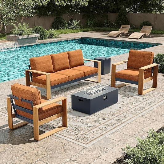 LayinSun 4 Pieces Aluminum Patio Furniture Set with Fire Pit Table, Oversized Seat with Hight Back, Outdoor Conversation Sets for Porch, Balcony, Deck