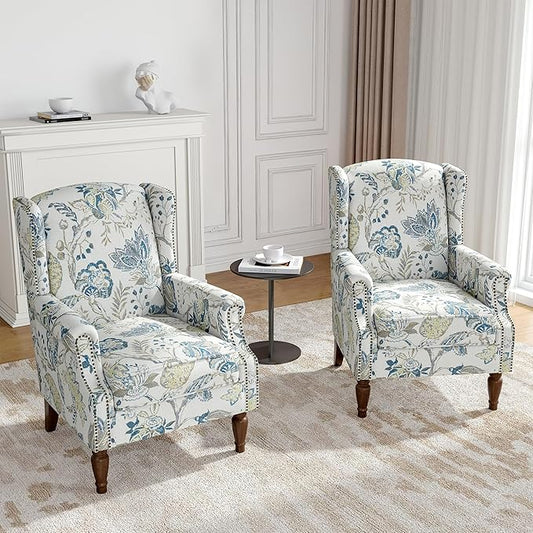 Floral Wingback Accent Chair Set of 2, High Back Upholstered Armchair, Comfy Fabric Wingback Arms Chairs with Retro Solid Wood Legs, Single Sofa Reading Chair for Bedroom Living Room, Plants Blue