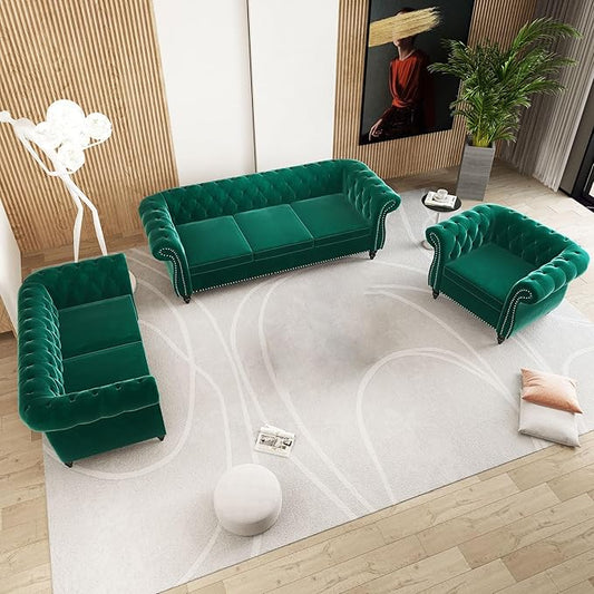 Velvet Sofa Couches Set, 3-Piece Mid Century Modern Upholstered Couch with Cushions, Home Sofa Sectional Furniture Sets, Comfy Tufted Chesterfield Couches for Living Room, Bedroom, Office