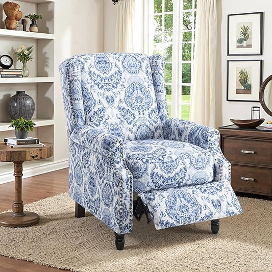 Recliner Chair, Upholstered Wingback Floral Pushback Armchair with Adjustable Backrest & Footrest, Comfy Accent Chair Reading Single Sofa for Small Spaces, Living Room, Bedroom (Navy Blue, Set of 1)