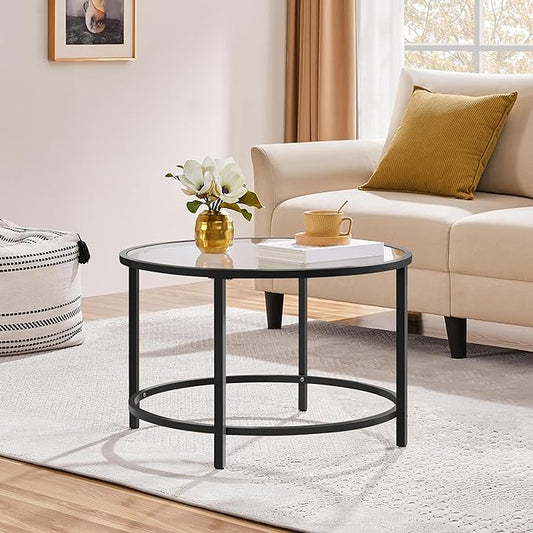 Yaheetech 27.6" Round Glass Coffee Table, Small Coffee Table for Living Room，Black Circle Coffee Tables Center Tables with Glass Top, Office & Apartment