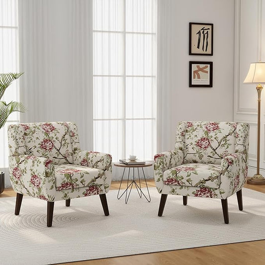 Accent Chair, Modern Linen Blend Arm Chair for Living Room, Bedroom, Comfy High-Resilient Sponge Reading Chair for Small Spaces (Pattern Red Floral, Set of 2)