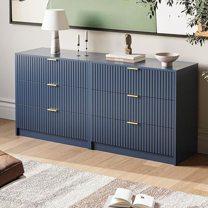 3-Piece Dresser Bedroom Set, 7 Drawer Dresser & 3 Drawer Nightstands with Gold Handles, Fluted Wood Chest of Drawers for Bedroom, Living Room, Entryway, Navy Blue