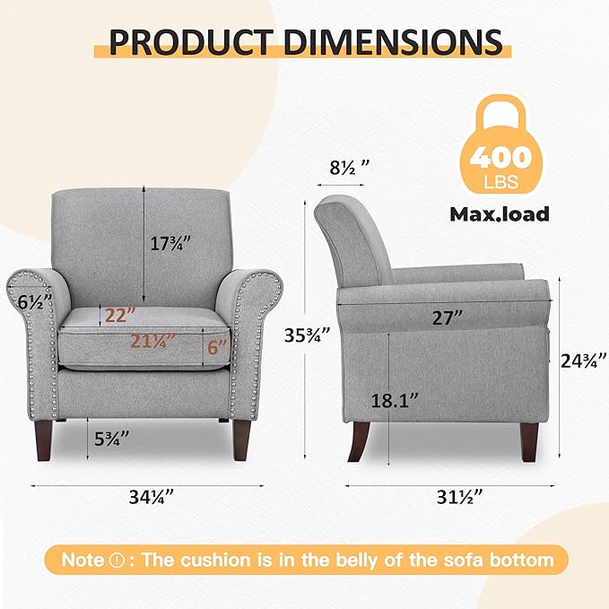 PrimeZone Comfy Accent Chair Set of 2, Mid-Century Modern Fabric Living Room Chair Reading Chair with Soft Cushion, Nailhead Trim & Rolled Armrest, Arm Chair Sofa Chair for Bedroom Waiting Room,Grey