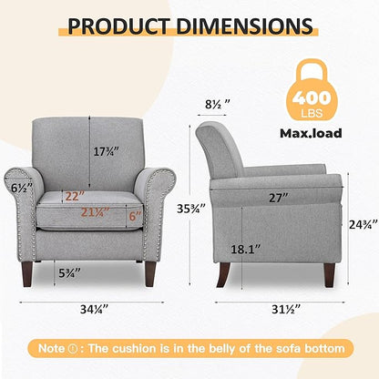 PrimeZone Comfy Accent Chair Set of 2, Mid-Century Modern Fabric Living Room Chair Reading Chair with Soft Cushion, Nailhead Trim & Rolled Armrest, Arm Chair Sofa Chair for Bedroom Waiting Room,Grey
