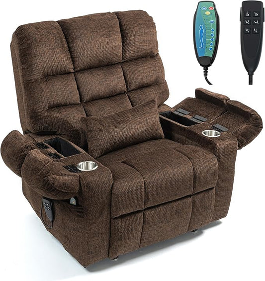 Oversized Zero Gravity Power Lift Recliner Chair for Elderly Adults Big Man Electric Lay Flat Recliner Triple Motor with Heat and Massage, Adjustable Seat Height, Arm Storage, Cup Holder