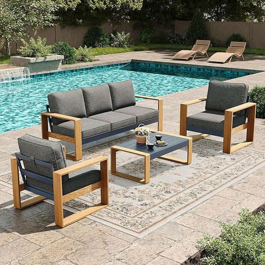 LayinSun 4 Pieces Aluminum Patio Furniture Set with Coffee Table, Oversized Seat with Hight Back, Outdoor Conversation Sets for Porch, Balcony, Deck