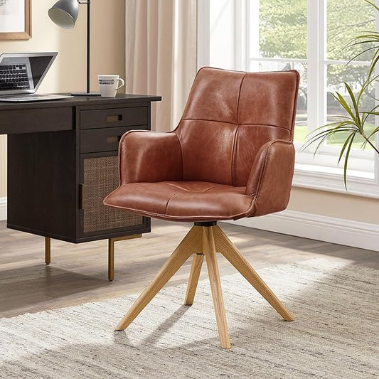 Art Leon Home Office Desk Chair - Genuine Leather Upholstered Accent Armchair, Mid Century Swivel Chair with Black Oak Wood Legs for Small Space Living Room Bedroom, Red Brown