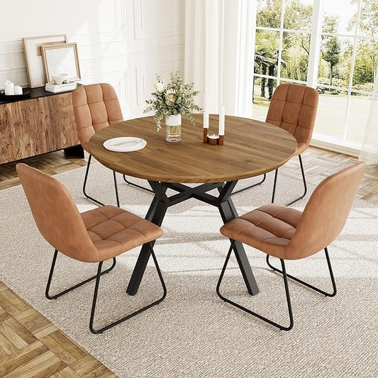 Extendable Round Dining Table Set for 4 People, 43.3"-59.1" Extendable Kitchen Table with 4 Upholstered Chairs, Space Saving for Kitchen Dining Room (Walunt Table+4 U-Shaped Brown Chairs)