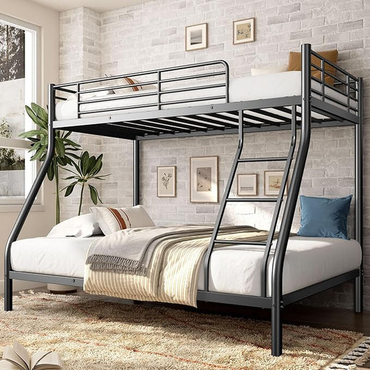 Bellemave Twin Over Full Bunk Bed for Teens, Twin Over Full Bunk Bed Frame with Build in Ladder and Full Length Guardrail, Easy Assemble Bunkbeds, Mattress Not Included, Black