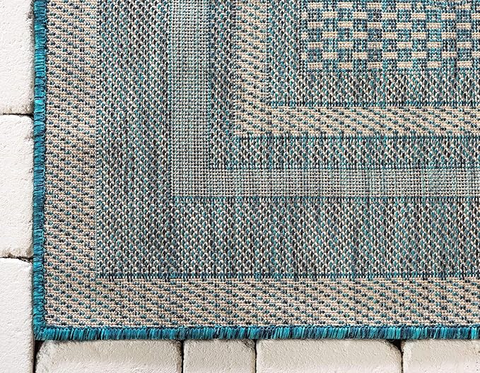 Unique Loom Outdoor Border Collection Area Rug - Soft Border (9' x 12' Rectangle, Teal/ Ivory)