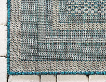 Unique Loom Outdoor Border Collection Area Rug - Soft Border (4' 1" x 6' 1" Rectangle, Teal/ Ivory)