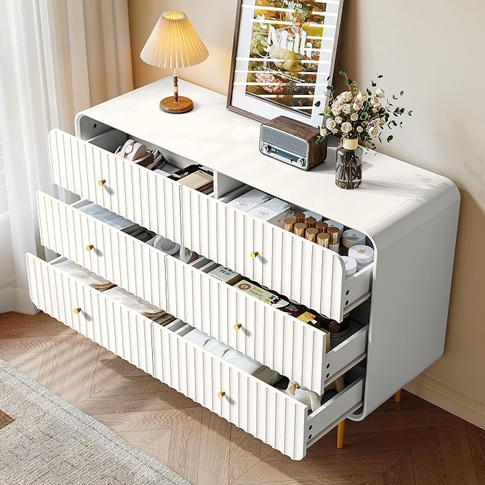 HLR White Dresser for Bedroom,48'' Wide Wood Chests of Drawers,Modern Fluted 6 Drawer Dresser with Gold Metal Handles,Clothes Deep Drawer Dressers Storage for Living Room,Hallway