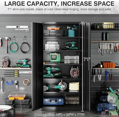 SISESOL Metal Storage Cabinet with Lock and 5 Adjustable Shelves,Lockable Garage Storage Cabinet,71" Black Steel File Cabinets with Locking Doors,Tool Cabinets for Home,Office,Garage
