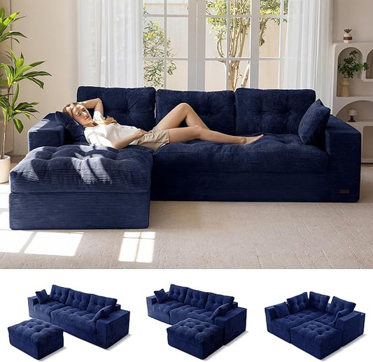MAXYOYO 104" L Shaped Modular Sectional Sofa with Ottoman, Cloud Boneless Couch with Layered Cushion, Upholstered Sofa in a Box, Flexible Module Combination for Living Room, No Assembly, Navy