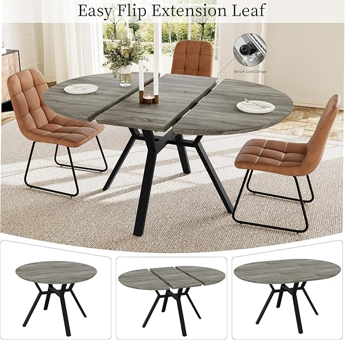 Extendable Round Dining Table Set for 4 People, 43.3"-59.1" Extendable Kitchen Table with 4 Upholstered Chairs, Space Saving for Kitchen Dining Room (Grey Table+4 U-Shaped Brown Chairs)