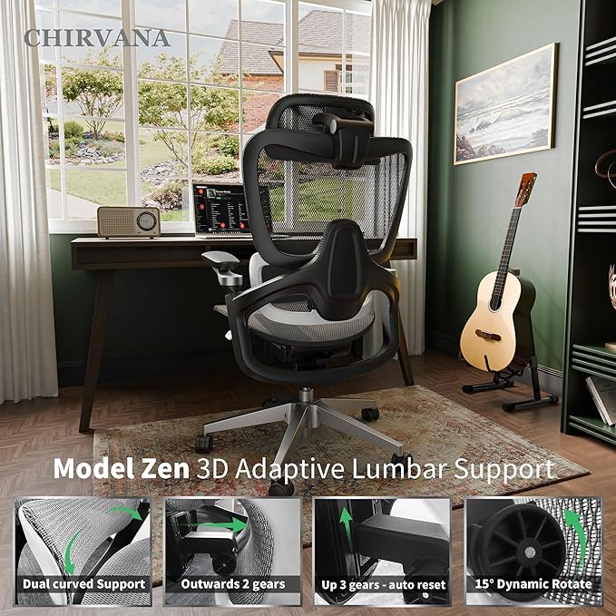 Ergonomic Office Chair, Mesh Home Office Desk Chair with Adjustable Lumbar Support, Computer Chair with Headrest, 5D Armrest,90-130°Tilt, 300lbs BIFMA Certified, Model Zen (Grey)