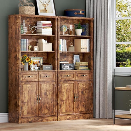 71.4" Tall Bookshelf with Drawers & Cabinet, 5-Tier Floor Standing Bookcase with Storage Doors, Adjustable Shelves & Metal Handles, 31.5" Wide Organizer for Home Office, Living Room