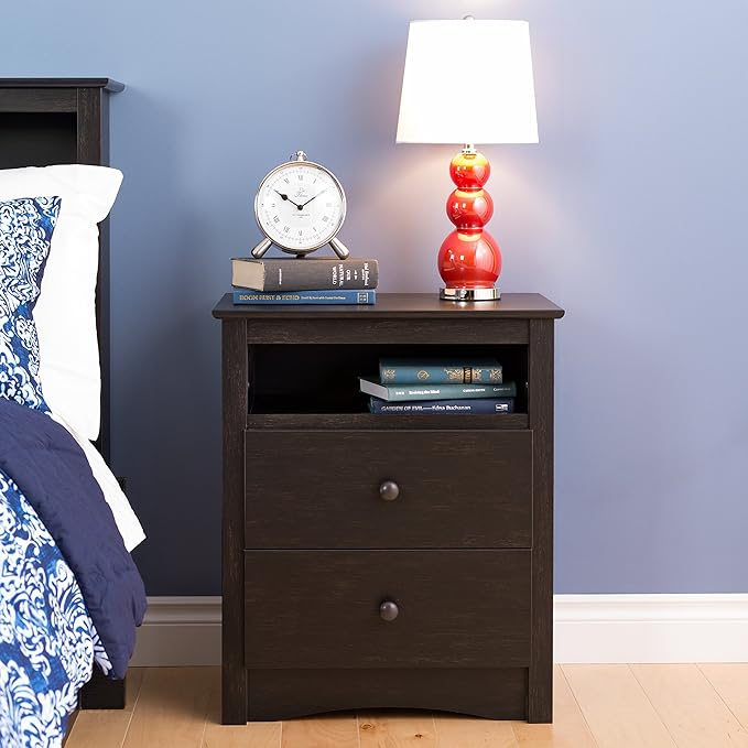 Prepac Sonoma Traditional Tall Nightstand Side Table with 2 Drawers and Open Shelf, Functional Bedside Table 16" D x 23.25" W x 28" H, Washed Black, HDC-2428-V