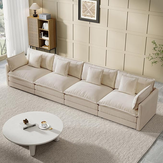 Modular Sectional Sofa, 146.5 Inch I-Shaped Cloud Sofa with Deep Seat Chenille Sofa with Cushions, Four Seater Sectional Sofa for Living Room Apartment,Light Coffee