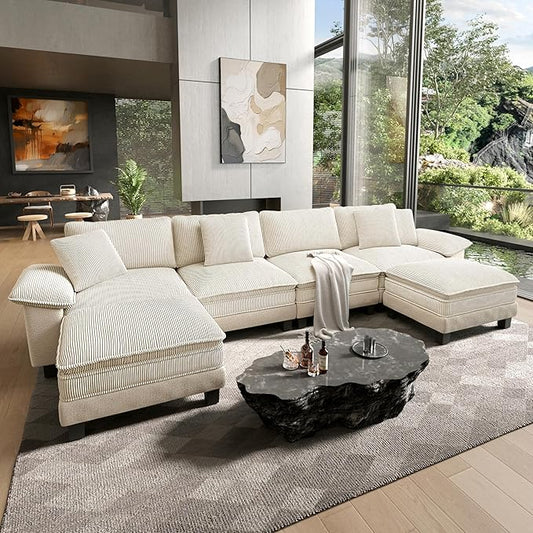 HERA'S HOUSE Oversized Modular Sectional Sofa, 158" U Shaped Cloud Couch with Ottoman and Throw Pillow, Mixed Fabric Sleek Couches for Living Room, Beige