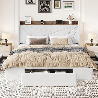 SHA CERLIN King Size Bed Frame with 3 Drawers, USB & Type-C Charging Ports, Velvet Upholstered Platform Bed with Modern Geometric Wingback Storage Headboard, No Box Spring Needed, Easy Assembly, White
