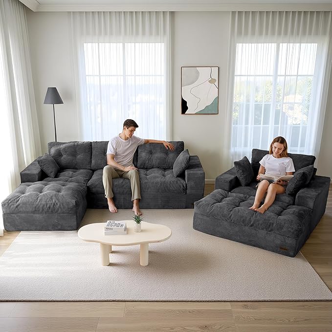 MAXYOYO Sectional Sofa Couch and Chaise Lounge, L Shaped Modern Cloud Couch with Ottoman, Comfy Sofa with Layered Cushion, Tufted Upholstered Sleeper Chair for Living Room, No Assembly Required