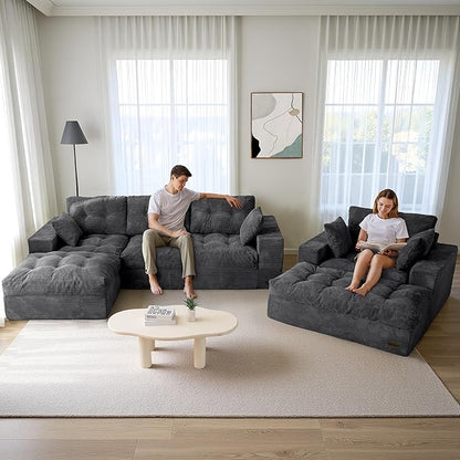 MAXYOYO Sectional Sofa Couch and Chaise Lounge, L Shaped Modern Cloud Couch with Ottoman, Comfy Sofa with Layered Cushion, Tufted Upholstered Sleeper Chair for Living Room, No Assembly Required