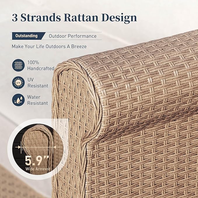 Patio Furniture Set 6 pcs, Wicker Rattan Sofa with 5.5" Thick Waterproof Cushions, 4 Chairs and Coffee Table, All Weather Outdoor Conversation Set for Backyard Deck, 7 Seats Beige
