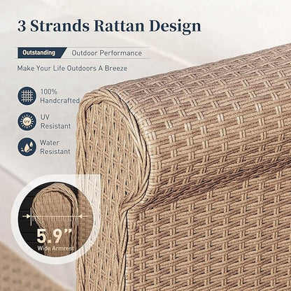 Patio Furniture Set 6 pcs, Wicker Rattan Sofa with 5.5” Thick Waterproof Cushions, 2 Chairs, 2 Ottomans and Coffee Table, All Weather Outdoor Conversation Set for Backyard Deck, 7 Seats Beige