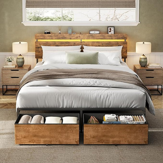 Forestell Queen Bed Frame with Wood Headboard, Metal Platform Bed with 2 Storage Drawers & Shelf, Built-in Charging Station & LED Lights, No Box Spring Needed, Vintage Brown, Cama Queen Size