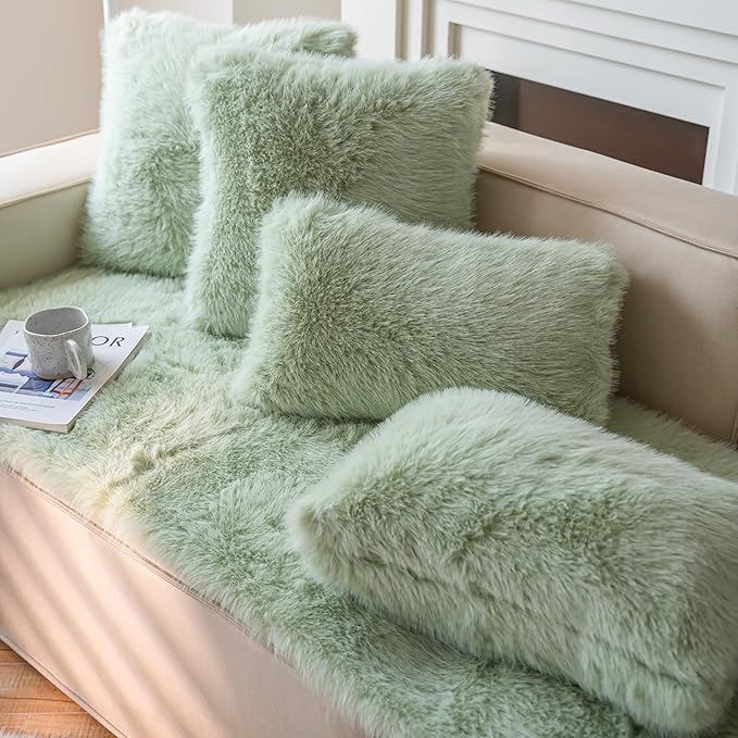 Neelvin Green Faux Fur Cozy Fluffy Double-Sided Decorative Throw Pillow Covers 12x20 inch Set of 2,Velvet Pillowcase Cushion Case for Sofa Couch