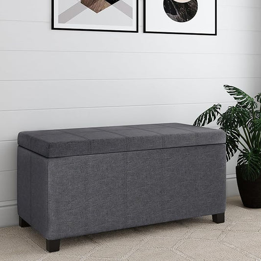 SIMPLIHOME Dover 36 inch Wide Contemporary Rectangle Storage Ottoman Bench in Slate Grey Linen Look Fabric, Assembled, for the Living Room, Entryway and Family Room