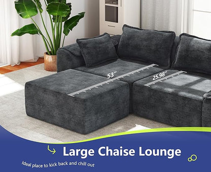 Hobestluk 120" Cloud Modular Sectional Couch 3-Seater Sofa with Ottoman L Shaped Sofa with Removable Cover Large Sofa Couch for Living Room (Blue Grey, 3-Seater Sofa with One Ottoman)