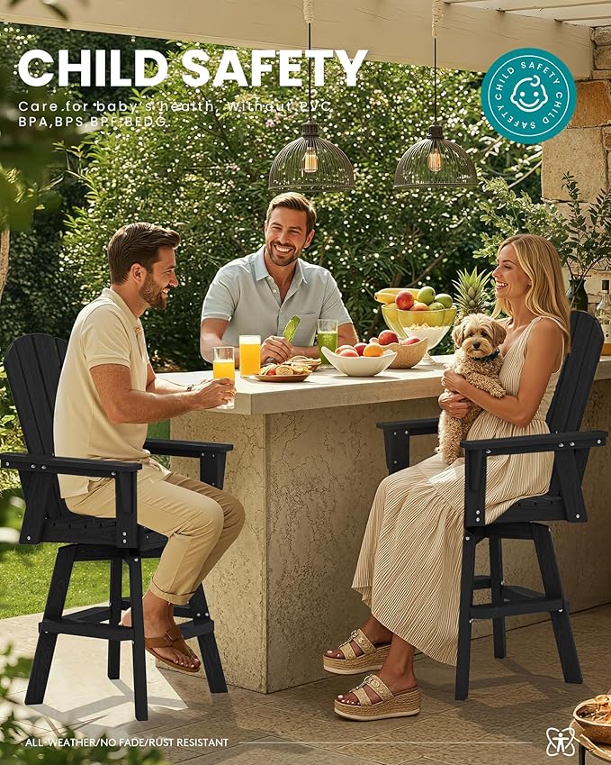 SERWALL Swivel Adirondack Bar Chairs Set of 4, HDPE Outdoor Swivel Barstools Chairs Set of 4 for Bistro, Poolside, Garden, Black
