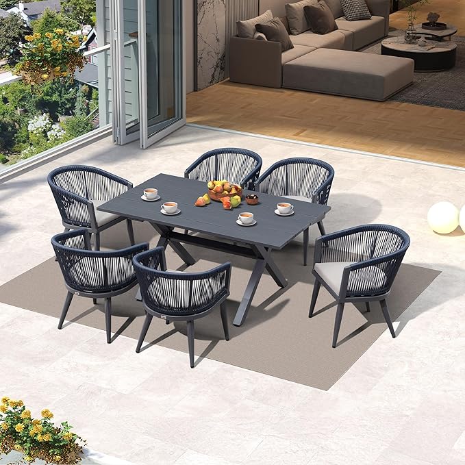 PURPLE LEAF Patio Dining Set for 6 All-Weather Wicker 7 Piece Aluminium Outdoor Table and Chairs Set Included Cushions for Backyard Indoor Decor Kitchen Modern Outdoor Furniture Set Grey and Navy
