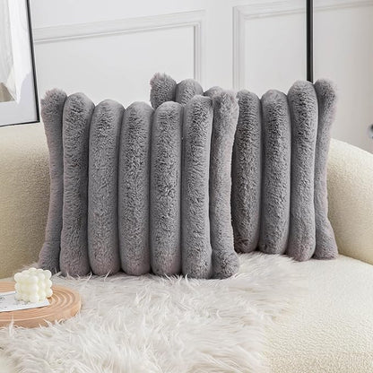Neelvin Grey Faux Fur Cozy Soft Striped Decorative Throw Pillow Covers 22x22 inch Set of 2,Velvet Pillowcase Cushion Case for Sofa Couch